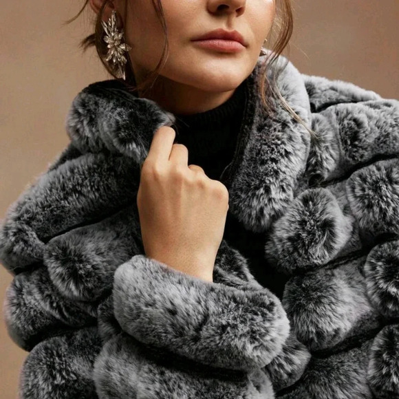 Black & Faded Two-Tone Embossed Fluffy Jacket, Warm Padded Coat For Women - Picture 6 of 6